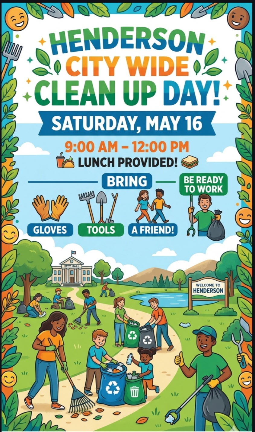 Illustration of a city-wide clean-up day in Henderson with people collecting trash in a park, accompanied by event details.