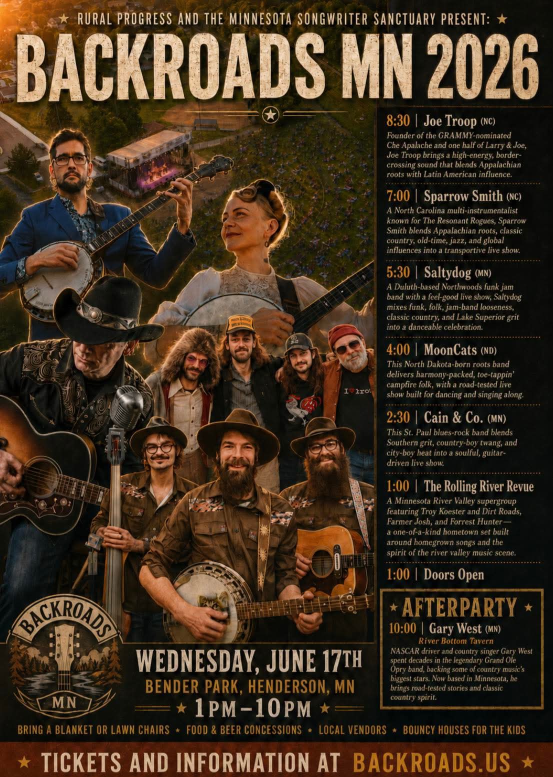 Poster for Backroads MN 2026 featuring musicians with banjos and guitars, event details, and performance schedule