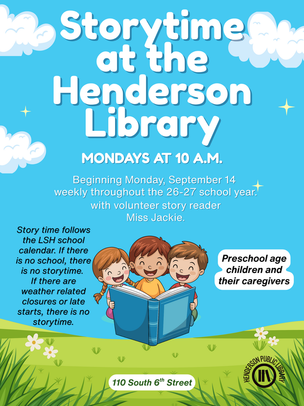 Promotional flyer for storytime at Henderson Library featuring three children reading a book on a grassy area with a blue background; includes event details.