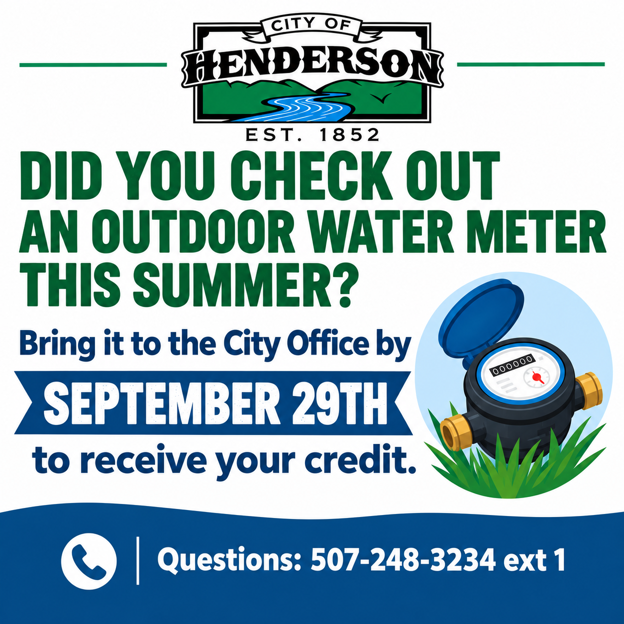 City of Henderson flyer reminding residents to return an outdoor water meter to the City Office by September 29th to receive credit, with a water-meter illustration and contact number.