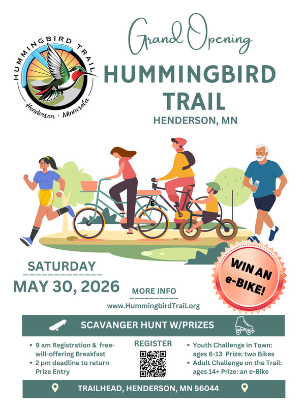 Promotional poster for the grand opening of Hummingbird Trail in Henderson, MN on May 30, 2026, featuring a group illustration, event details, and a prize announcement.